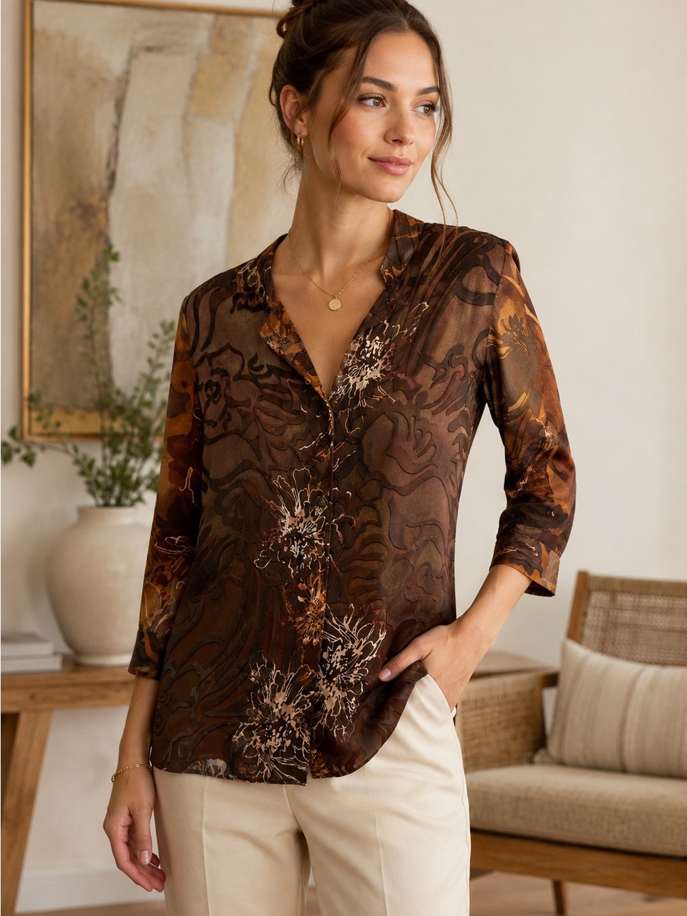 Silk Blend Burnout Velvet Floral Sheer Boho Blouse Brown Earth Tone Size S
